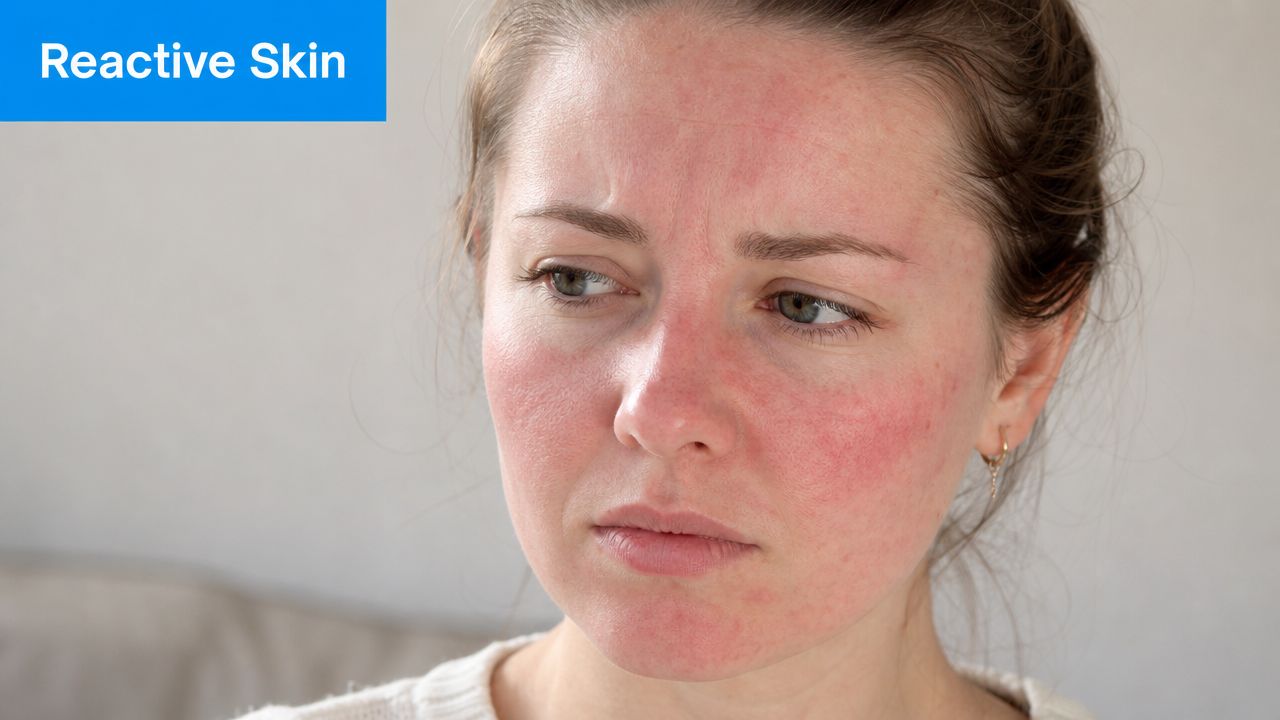 A close-up of a person's face showing signs of facial redness and irritation, indicating sensitive, reactive skin.