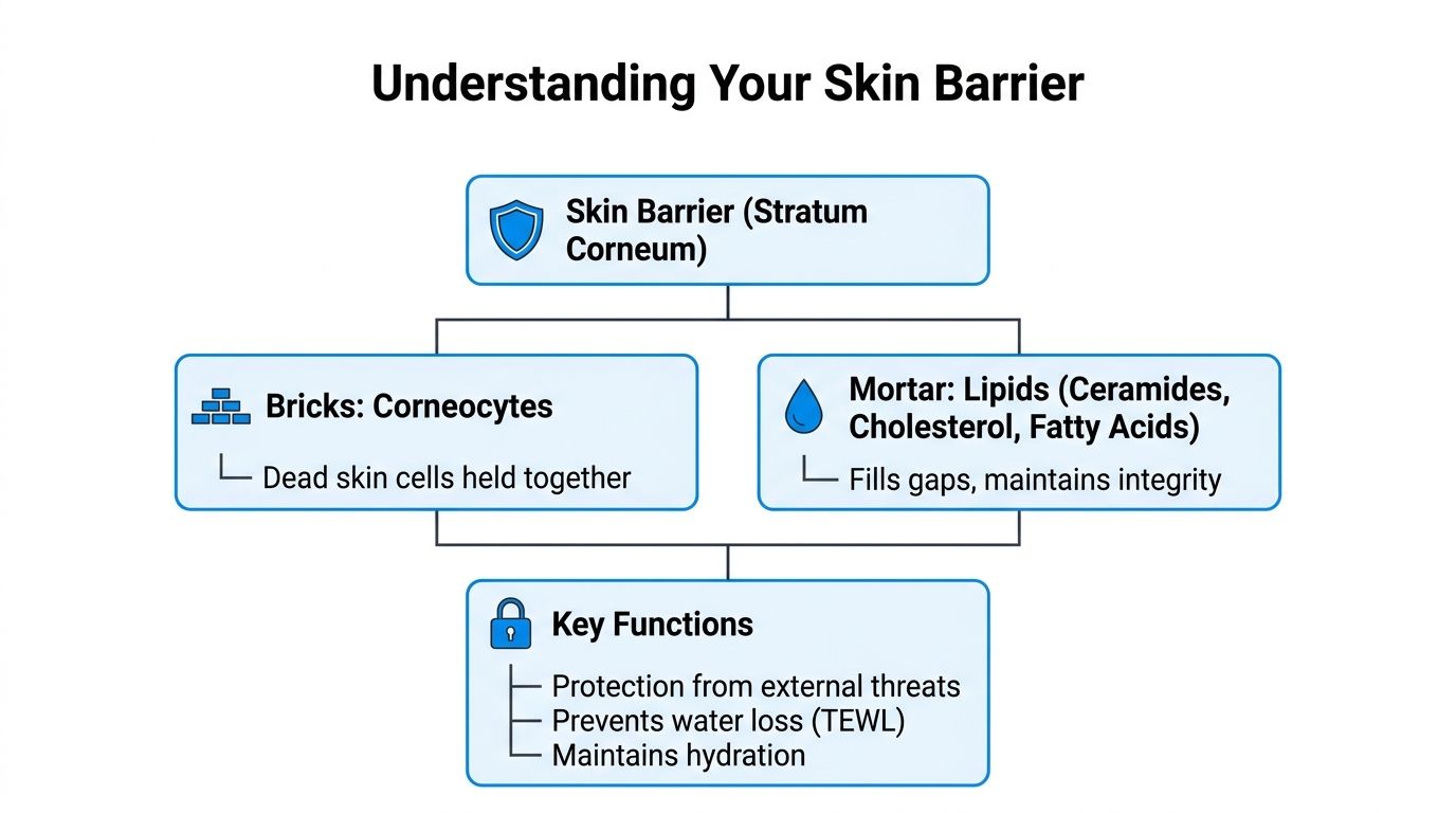 A diagram illustrating the skin barrier composed of corneocytes as bricks and lipids as the mortar.