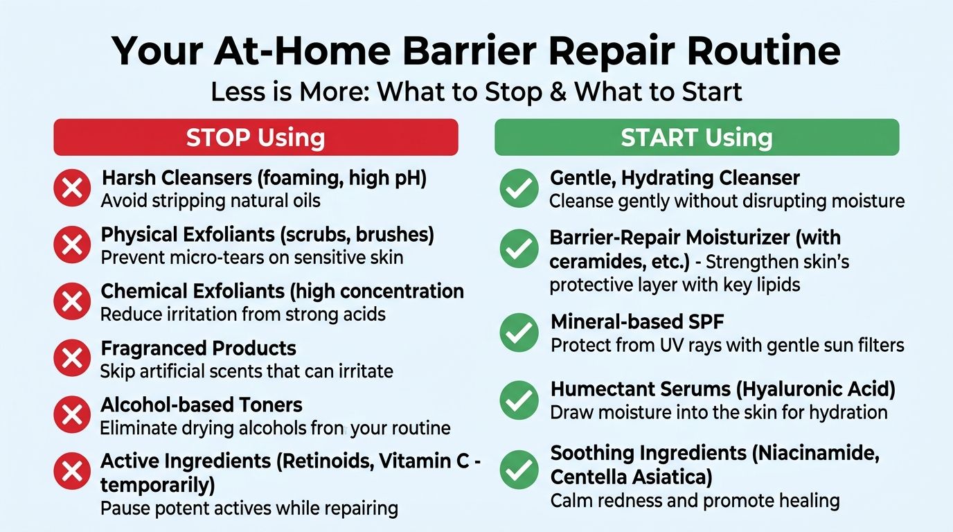 A skincare guide infographic showing what products to stop and start using for skin barrier repair.