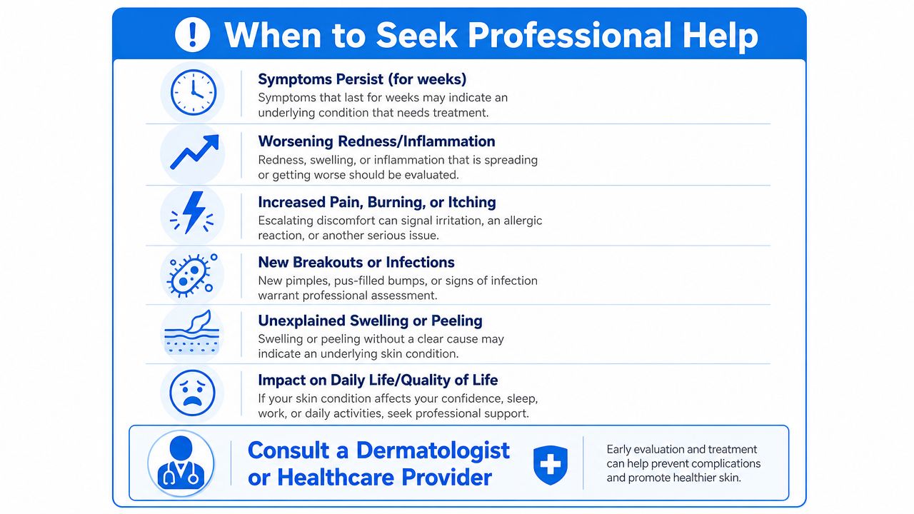 A helpful infographic outlining six signs indicating when to seek professional help for skin conditions.